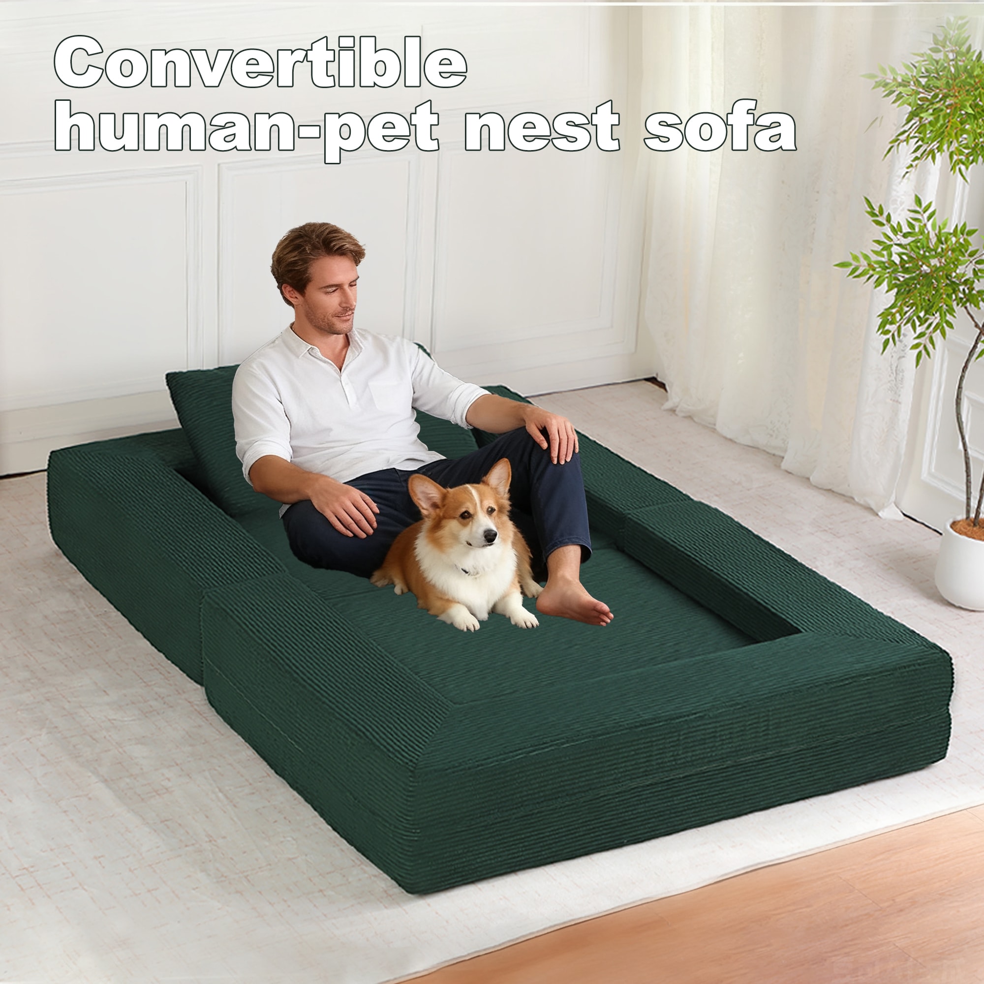 Compression Human Dog Sofa Bed For Adult & Pets,Modern Floor Couch With Pillow For Living Room Bedroom,Corduroy Fabric,No Assembly Required, Dark Green_maomaolike.com